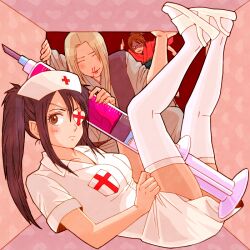 1boy 2girls 3mm alternate_costume black_hair blush brown_eyes eye_patch female female_focus gintama in_box in_container legs_up long_hair looking_at_viewer male nosebleed nurse nurse_cap nurse_uniform on_back pervert shimura_tae solo_focus syringe thighhighs toujou_ayumu twintails white_legwear white_thighhighs yagyuu_kyuubei zettai_ryouiki