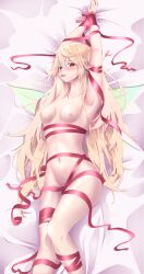 1girls armpits arms_above_head arms_tied arms_tied_above_head arms_up bare_armpits bare_breasts belly_button blonde_hair blush blushing bondage breasts completely_nude completely_nude_female fairy fairy_wings hi_res highres laying_down looking_at_viewer medium_breasts naked naked_bandage naked_footwear navel nijisanji nijisanji_en nude nude_female object_in_mouth pointy_ears pomu_rainpuff red_eyes small_breasts solo solo_female solo_focus syxh tied_arms tied_up virtual_youtuber wings yellow_hair