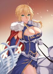 1girls artoria_pendragon artoria_pendragon_(lancer) big_breasts big_thighs blonde_hair blush breasts cleavage dun_stallion fate/grand_order fate_(series) female freed_turing green_eyes solo solo_female tagme thick_thighs wide_hips