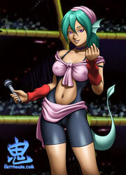 1girls announcer bandana big_breasts breasts cameltoe cowboy_shot dark-skinned_female dark_skin dark_tournament dragon_girl erection_under_clothes female fins green_hair humanoid juri large_breasts long_hair looking_at_viewer nipples oni_(artist) purple_eyes shounen_jump solo stadium tail yu_yu_hakusho