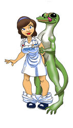 1boy 1girls anthro anthro_on_female anthro_on_human apron balls ballsack blue_eyes blue_headband brown_hair celebrity clothed_female_nude_male commercial crossover dennis_clark female female_penetrated flo_(progressive_insurance) from_behind geico geico_gecko headband lizard male mascot name_tag pants_down progressive_auto_insurance scrotum shirt shoes short_hair skirt standing_sex stephanie_courtney straight testicles tongue tongue_out white_apron white_shirt white_skirt