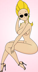 1girls areola beige_skin breasts canon_genderswap cartoon_network color ear_piercing eyewear female female_only footwear glasses hair high_heels human jenny_bravo johnny_bravo johnny_bravo_(series) looking_at_viewer naked_footwear naked_heels nipples nude piercing round_ears rule_63 shoes sitting sketch skullio solo sunglasses yellow_hair