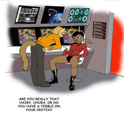 anthro black_boots boots bush dennis_clark english_text female james_t._kirk male nipple_bulge nyota_uhura red_shirt skirt_lift star_trek starfleet_insignia starfleet_uniform tagme