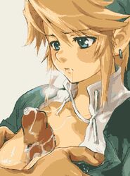 1boy 1girls animated blonde_hair blue_eyes breasts cleavage cum cum_in_mouth earring earrings female jewelry link link_(twilight_princess) lowres male paizuri penis pointy_ears rule_63 straight the_legend_of_zelda twilight_princess yajiro_masaru