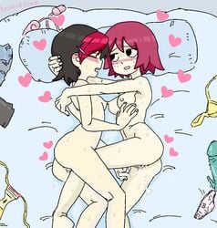 2girls artist_request bed blush bra bra_aside brassiere colored_hair cum dildo dyed_hair fingering hand_on_neck kim_pine knives_chau multiple_girls nude oekaki on_bed panties scott_pilgrim sweat vibrator yuri