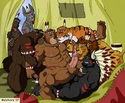 anal anthro anthro_only bear bovine bull ear_piercing earring feline fellatio furry headdress horns lion male male_only maxima_(artist) melchiore native_american necklace no_humans oral oral_sex orgy piercing sex tent yaoi