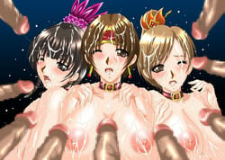 blush breasts brown_eyes brown_hair bukkake censored collar cum da_qiao dark-skinned_male dynasty_warriors earrings faceless_male female human jewelry kai_hiroyuki male nipples shin_sangoku_musou sisters straight sun_shang_xiang xiao_qiao