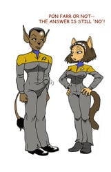 1boy 1girls akimbo alien anthro anthro_only b'elanna_torres bulge clothed combadge dennis_clark dialogue english_text female humanoid klingon_(species) male nipple_bulge pointy_ears star_trek star_trek_voyager starfleet_insignia starfleet_uniform tail text tuvok vulcan_(species)