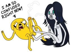 1boy 1girls adventure_time alpha_channel areola breasts cum cumshot dickgirl ejaculation erect_nipples erection fangs footjob full_circle futa_on_male futanari intersex jake_the_dog marceline nipples penis testicles text transparent_background vampire