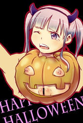 1boy borusen breasts censored fake_horns female halloween holding horns limbless looking_at_viewer nipples pumpkin purple_hair pussy surreal tears twintails what wince