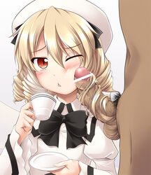 :< blonde_hair blush bow censored cheek_poke cup drill_hair facejob foreskin gisyo hairjob hat luna_child partially_retracted_foreskin penis penis_on_cheek penis_on_face penis_poking_cheek poking saucer short_hair solo teacup touhou wince wings wink