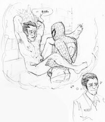 2boys artist_request black_and_white bondage drawing electro_(marvel) erection gay heart imaginary_lover imagination imminent_anal imminent_penetration imminent_sex inmate male male_only marvel monochrome multiple_males multiple_penises nude pants_down peter_parker pleasure_face private_fantasy restrained sex sketch smile speech_bubble spider-man spider-man_(series) straight_hair superhero tagme web white_background yaoi