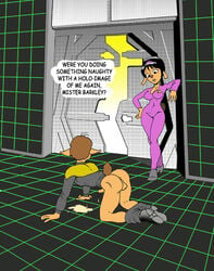 anthro betazoid_(species) cum cum_on_floor deanna_troi dennis_clark english_text reginald_barclay star_trek star_trek_the_next_generation starfleet_insignia starfleet_uniform tagme