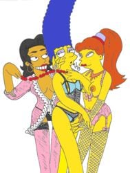 blue_hair breasts female female_only fishnets francesca_terwilliger human marge_simpson matt_groening_(style) multiple_females multiple_girls princess_kashmir shauna_tifton standing tagme tan_skin the_simpsons toony yellow_skin yuri