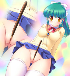 between_labia bow censored copyright_request female from_below green_hair hairbow highres innie_pussy looking_down no_panties pleated_skirt pocky ponytail pussy school_uniform simple_background skirt solo tanuki_yousuke thighhighs tied_hair white_legwear white_thighhighs yellow_eyes zoom_layer