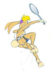 anthro barefoot female female_only fur furry furry_ears furry_tail hair holding ishoka lola_bunny long_ears looney_tunes mammal nude on_one_foot rabbit racket short_hair side_view solo space_jam standing tagme tail tennis_racket yellow_hair