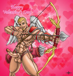 1boy abs aneros_(artist) annoying_watermark armbands arrows beard big_balls big_penis blonde_hair bow_(weapon) cupid curved_penis english_text erect_penis eros feathered_wings goatee holding_weapon legs_apart male male_only muscles muscular no_pubic_hair penis quiver red_background retracted_foreskin serratus_anterior solo tattoo thick_thighs valentine's_day veiny_penis