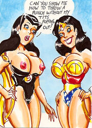 2girls amazon areola blue_eyes breasts dc_comics erect_nipples female joe_gravel multiple_girls nipples superwoman superwoman_(lois_lane) wonder_woman wonder_woman_(series) yuri