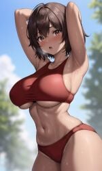 1girls ai_generated armpits arms_behind_head arms_up big_breasts busty curvaceous curvy_body curvy_female curvy_figure female_focus female_only hi_res highres large_breasts navel original original_character pose posing seductive_look sensual sexy_armpits stable_diffusion stuffyai sweat sweating tanned_female tanned_skin underboob voluptuous voluptuous_female