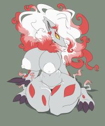 absurd_res anthro big_breasts breasts claws female genitals grey_body hair hi_res hisuian_form hisuian_zoroark huge_breasts imric1251 nintendo nipples pokemon pokemon_(species) pussy regional_form_(pokemon) simple_background solo toe_claws white_hair white_nipples yellow_eyes zoroark