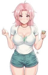 1girls bare_hips big_breasts blush blushing_at_viewer chloe_(sciamano240) clumsy female female_only food_on_body freckles ice_cream jeans looking_at_viewer mirco_cabbia original original_character pink_eyes pink_hair sad sad_face sciamano240 short_jeans solo solo_focus tear white_background white_shirt wide_hips