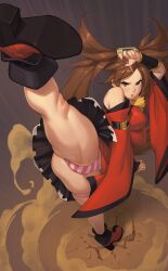 1girls 2023 action_pose arc_system_works breasts brown_hair female female_focus female_only guilty_gear kicking kuradoberi_jam large_breasts long_hair panties pantyshot rizdraws solo striped_panties thick_thighs thighs