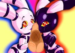 blowjob bunny collaborative_fellatio double_fellatio fellatio female femboy femboy_on_female metallic_body multiple_girls robot robot_boy robot_bunny robot_girl robotgirl teamwork usi uzo