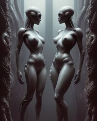 2girls ai_generated alien alien_girl bald breasts female grey_skin horror naked nipples stable_diffusion