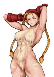 1girls armpits arms_behind_head big_breasts blonde_hair blue_eyes braid breasts busty cammy_white capcom chocolate covered_erect_nipples female female_only hershuar highres large_breasts legs lipstick long_hair looking_at_viewer makeup nude parted_lips pose posing sensual sexy_armpits solo street_fighter thick_thighs thighs toned twin_braids voluptuous