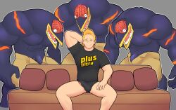 abs bara biceps blonde_hair closed_eyes embarrassed erect_penis erection_under_clothes gay group imminent_sex male_only meme mirio_togata muscular_male my_hero_academia nomu pecs piper_perri_surrounded serperoir size_difference smiling underwear yaoi