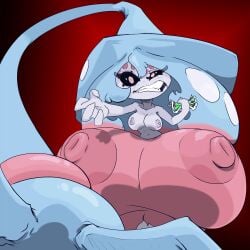 4_fingers angry anthro big_breasts blue_hair breasts clothing female fingers generation_8_pokemon hair hat hatterene headgear headwear hi_res huge_breasts imric1251 nintendo nipples photo pokemon pokemon_(species) red_body solo white_body