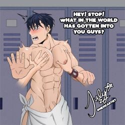 abs bara big_pecs blush gay grabbing_pecs izuku_midoriya male_only mexicartist muscular_male my_hero_academia pectoral_grab pectorals penis shouto_todoroki surprised tenya_iida towel_only yaoi