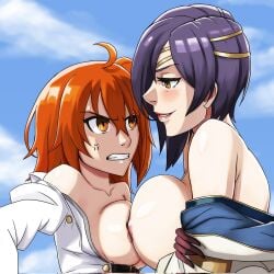 2girls angry areolae asymmetrical_docking bare_shoulders breast_press breasts breasts_out brown_eyes cahryos catfight chaldea_uniform clenched_teeth collarbone crossover evil_grin evil_smile fate_(series) female female_only fire_emblem fire_emblem_heroes fujimaru_ritsuka_(female) glaring gloves grin gudako hair_over_one_eye kiran_(fire_emblem) kiran_(fire_emblem)_(female) large_breasts lipstick looking_at_another medium_breasts medium_hair multiple_girls nintendo nipples off_shoulder orange_eyes orange_hair outdoors purple_hair red_lips red_lipstick short_hair shoulders sky smirk undressing yuri