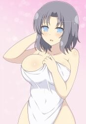 1girls blue_eyes female front_view grey_hair ichiryuu_tsumiki large_breasts light-skinned_female light_skin looking_at_viewer medium_hair open_mouth senran_kagura solo standing towel towel_only yumi_(senran_kagura)