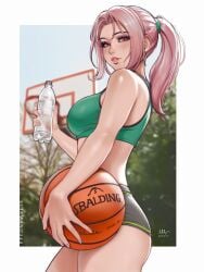 basketball basketball_(ball) basketball_uniform big_breasts bottle chloe_(sciamano240) freckles hi_res looking_at_viewer mirco_cabbia oc original original_character pink_eyes pink_hair ponytail sciamano240 smile smiling smiling_at_viewer sports_bra sportswear water