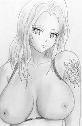 big_breasts black_and_white blonde_hair breasts flower_tattoo milkyway8969 nude nude_female original original_character tattoo tattoo_on_arm traditional_art traditional_media_(artwork)