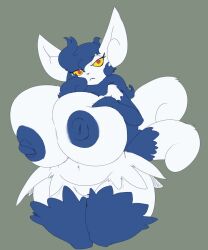 anthro big_breasts blue_body blue_fur blue_hair blue_nipples breasts female fur generation_6_pokemon genitals grey_background hair hi_res huge_breasts imric1251 meowstic navel nintendo nipples pokemon pokemon_(species) pussy red_eyes simple_background solo white_body