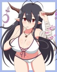 1girls ahoge bandage bikini black_hair collarbone danua_(granblue_fantasy) expressionless female front_view granblue_fantasy horns ichiryuu_tsumiki large_breasts light-skinned_female light_skin looking_at_viewer necklace ornament pointy_ears red_eyes simple_background solo very_long_hair white_background white_bikini