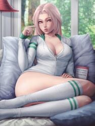 1girls big_breasts book chloe_(sciamano240) detailed_background female female_only freckles hi_res highres lamp large_breasts looking_at_viewer mirco_cabbia oc original original_character pillow pillows pink_eyes pink_hair sciamano240 solo solo_female solo_focus