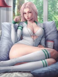 1girls big_breasts book chloe_(sciamano240) detailed_background female female_only freckles hi_res highres kneesocks lamp large_breasts looking_at_viewer mirco_cabbia oc original original_character pillow pillows pink_eyes pink_hair sciamano240 socks solo solo_female solo_focus