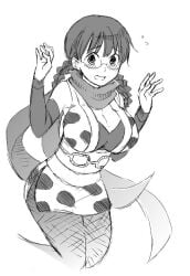 alternate_costume big_breasts blush braided_hair braids cleavage cow_print detached_sleeves embarrassed female female_only genderswap_(mtf) gintama glasses kimono kunoichi looking_at_viewer miwa monochrome nervous obi rule_63 scarf shimura_shinpachi short_kimono sketch solo twin_braids