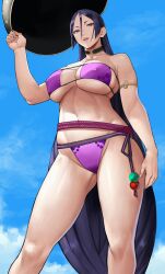 1girls big_breasts bikini bikini_bottom bikini_top breasts cleavage eyepatch_bikini fate/grand_order fate_(series) female female_only hair huge_breasts lips long_hair mature mature_female mature_woman milf minamoto_no_raikou_(fate/grand_order) purple_bikini purple_eyes purple_hair solo solo_female swimwear yoshi55level