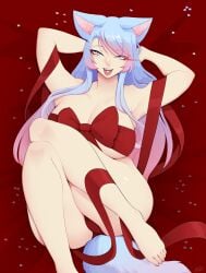 1girls 2d absurdres bent_legs blue_eyes blue_hair female female_only hands_behind_head indie_virtual_youtuber large_breasts light-skinned_female light_skin long_hair looking_at_viewer luxurias lying lying_on_back narrowed_eyes nude nude_female open_mouth pale-skinned_female pale_skin pink_highlights present_wrap silvervale smiling smiling_at_viewer solo tail tongue_out valentine's_day virtual_youtuber voluptuous vshojo wolf_ears wolf_girl wolf_tail wrapped wraps