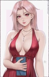 1girls big_breasts blush blushing_at_viewer breasts chloe_(sciamano240) cleavage dress female female_only looking_at_viewer makeup meme mirco_cabbia no_bra oc original original_character pink_eyes pink_hair red_dress sciamano240 shirt_cut_meme smile smiling smiling_at_viewer solo solo_female solo_focus upper_body wide_hips