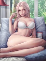 1girls big_breasts book chloe_(sciamano240) detailed_background female female_only freckles hi_res highres lamp large_breasts looking_at_viewer mirco_cabbia oc original original_character pillow pillows pink_eyes pink_hair sciamano240 solo solo_female solo_focus