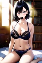 1girls ai_generated alluring black_hair bra female female_only holding my_teen_romantic_comedy_snafu panties purple_hair solo underwear valentine's_candy_in_mouth valentine's_day yukinoshita_haruno zengai