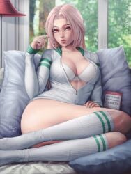 1girls big_breasts book chloe_(sciamano240) detailed_background female female_only freckles hi_res highres kneesocks lamp large_breasts looking_at_viewer mirco_cabbia oc original original_character pillow pillows pink_eyes pink_hair sciamano240 socks solo solo_female solo_focus