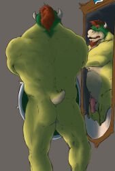 anthro_only ass balls bowser cardewmesha facial_hair flaccid genitals goatee hair horn koopa male male_only mario_(series) mirror nintendo nude penis red_hair scalie shell solo spiked_shell spikes spikes_(anatomy)