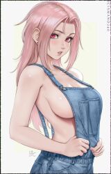 1girls big_breasts blush blushing_at_viewer breasts chloe_(sciamano240) cleavage female female_only jeans large_breasts looking_at_viewer meme mirco_cabbia naked_overalls oc original original_character overalls pink_eyes pink_hair sciamano240 shirt_cut_meme sideboob solo solo_female solo_focus upper_body wide_hips