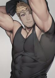 1boy ai_generated armpit_hair armpits bara black_tank_top blonde_hair facial_hair large_pectorals looking_at_viewer male_focus muscular muscular_male pectorals red_eyes shirt short_hair sidepec solo stable_diffusion tank_top upper_body